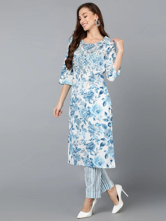 Aegean Blue Cotton Blend Straight Kurta With