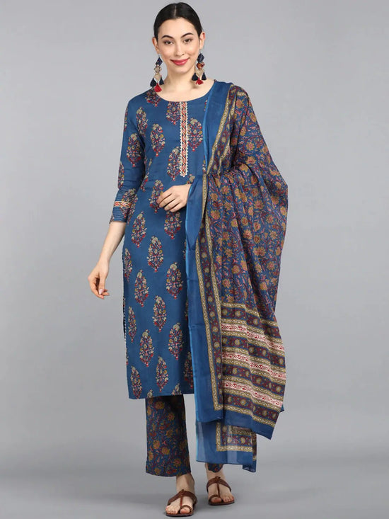 Ahika Pure Cotton Printed Kurta Pant Dupatta-VKSKD1050AB_S