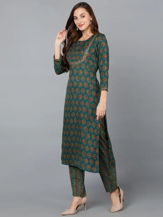 Teal Cotton Blend Straight Kurta With Pant