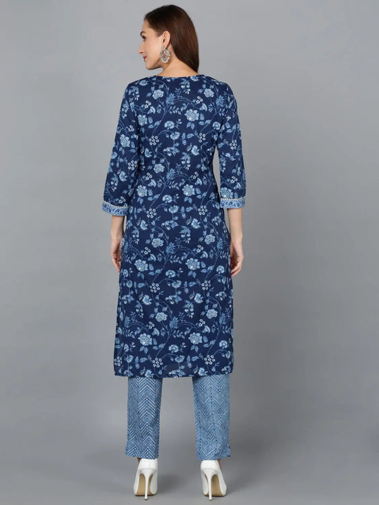 Navy Blue Cotton Blend Straight Kurta With