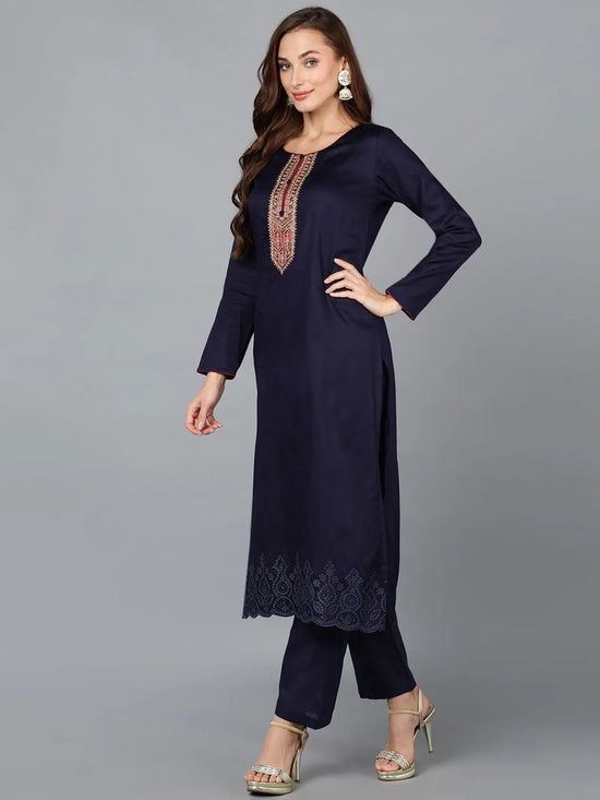 Navy Blue Cotton Blend Straight Kurta Pant