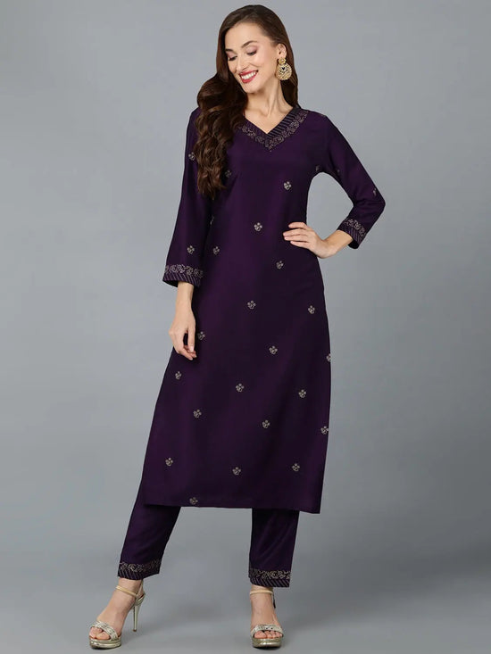 Silk Blend Purple Straight Kurta With Pant-VKSET1406_XS