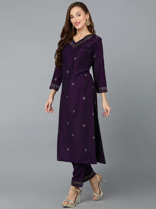 Silk Blend Purple Straight Kurta With Pant-VKSET1406_XS