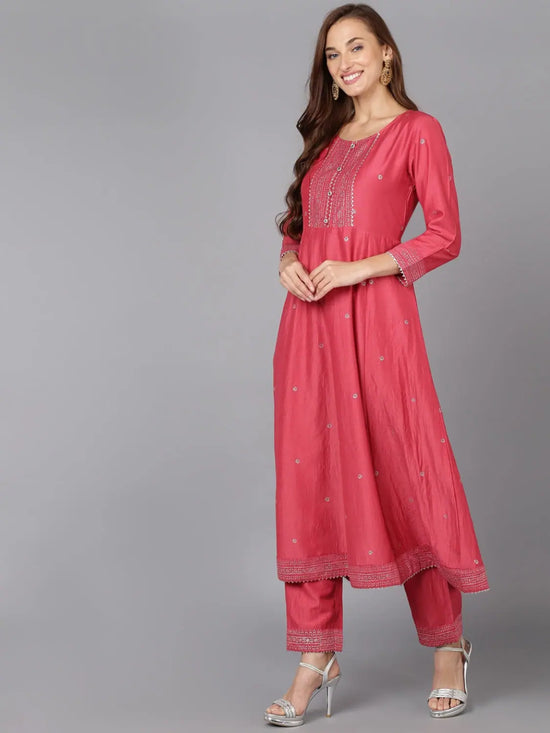 Punch Pink Silk Blend Embroidered Party wear