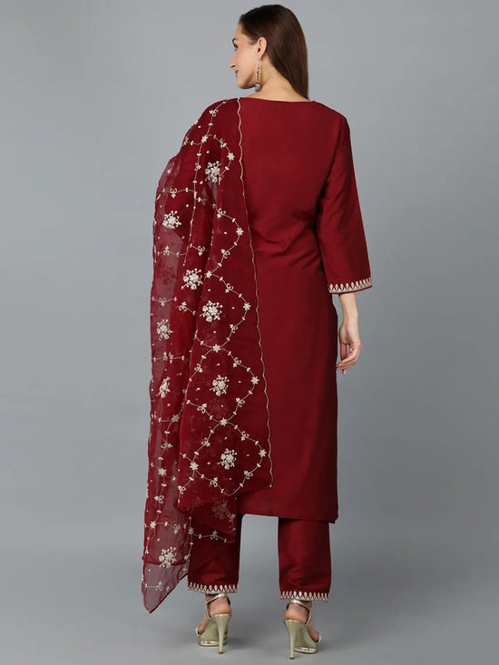 Maroon Silk Blend Embroidered Party wear Suit-VKSKD1772_XS