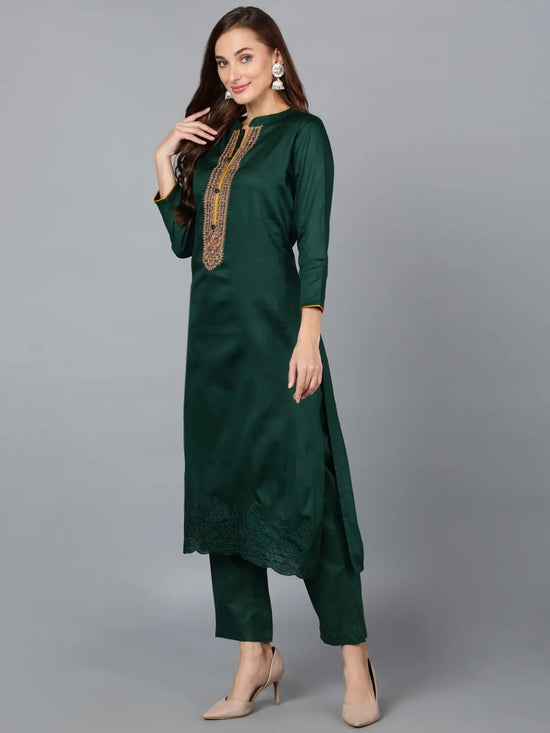 Dark Green Cotton Blend Straight Kurta Pant