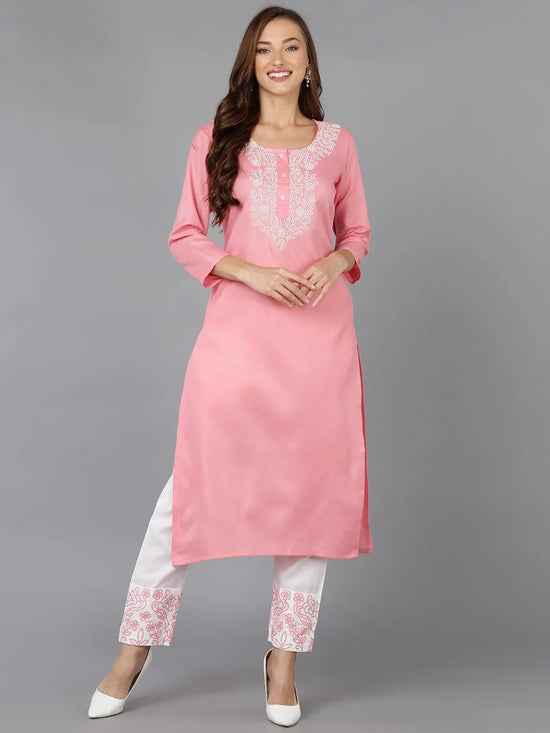 Ahika Women Cotton Blend Embroidered Kurta Trouser-VKSET1382_XS