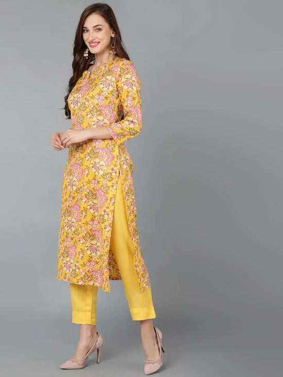 Cotton Blend Yellow Printed Straight Kurta Pant-VKSKD1709_XS