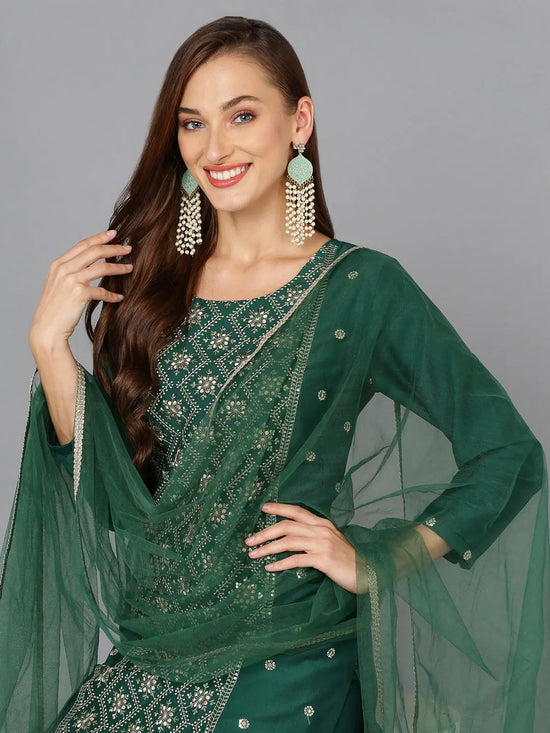 Dark Green Silk Blend Embroidered Party wear-VKSKD1783_XS