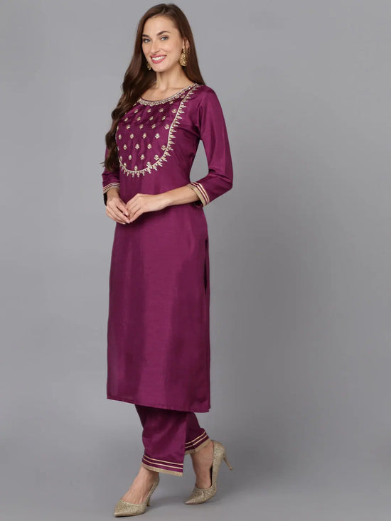 Purple Silk Blend Embroidered Suit Set