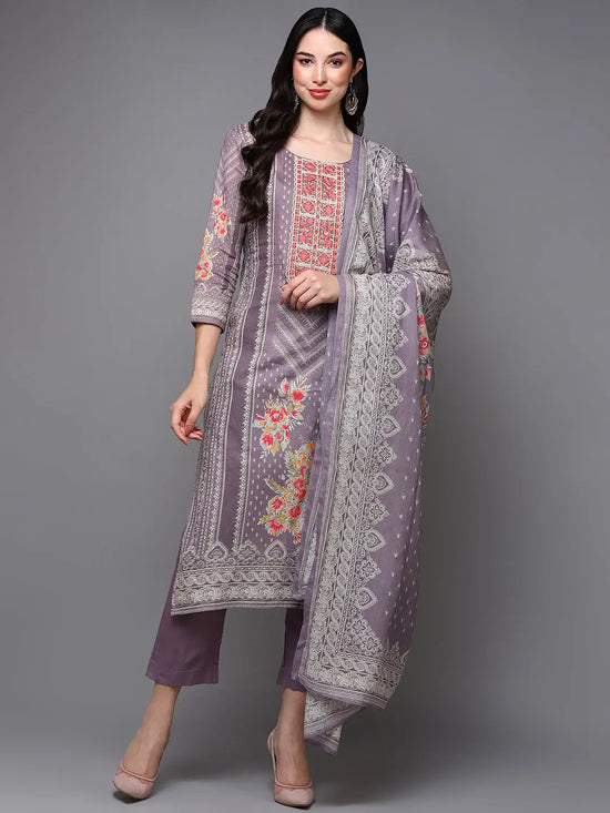 Cotton Mauve Embroidered Straight Kurta Pant With