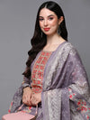 Cotton Mauve Embroidered Straight Kurta Pant With