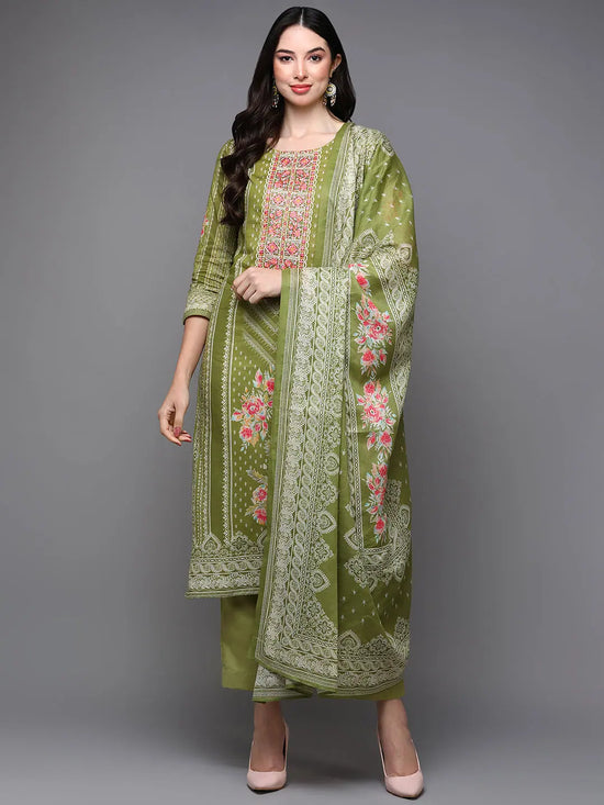 Cotton Green Embroidered Straight Kurta Pant With-VKSKD1942_XS