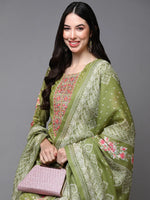 Cotton Green Embroidered Straight Kurta Pant With-VKSKD1942_XS