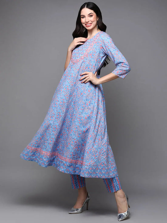 Cotton Blue Ethnic Printed Flared Kurta Pant