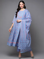 Cotton Blue Ethnic Printed Flared Kurta Pant