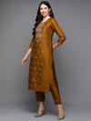 Silk Blend Mustard Embroidered Straight Kurta With