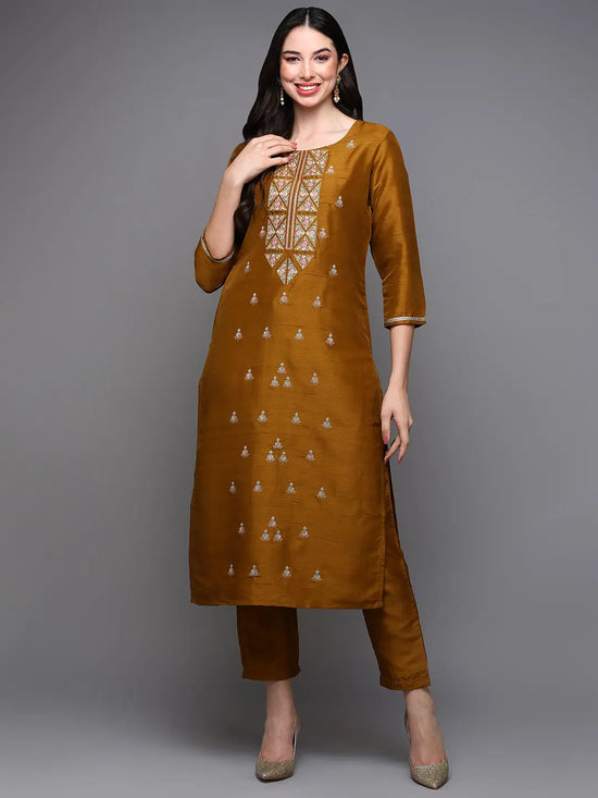 Silk Blend Mustard Embroidered Straight Kurta With