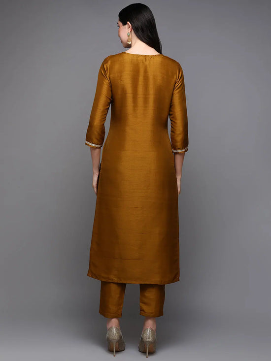 Silk Blend Mustard Embroidered Straight Kurta With