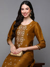 Silk Blend Mustard Embroidered Straight Kurta With