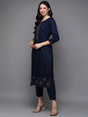 Cotton Navy Blue Embroidered Straight Kurta Pant