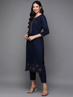 Cotton Navy Blue Embroidered Straight Kurta Pant