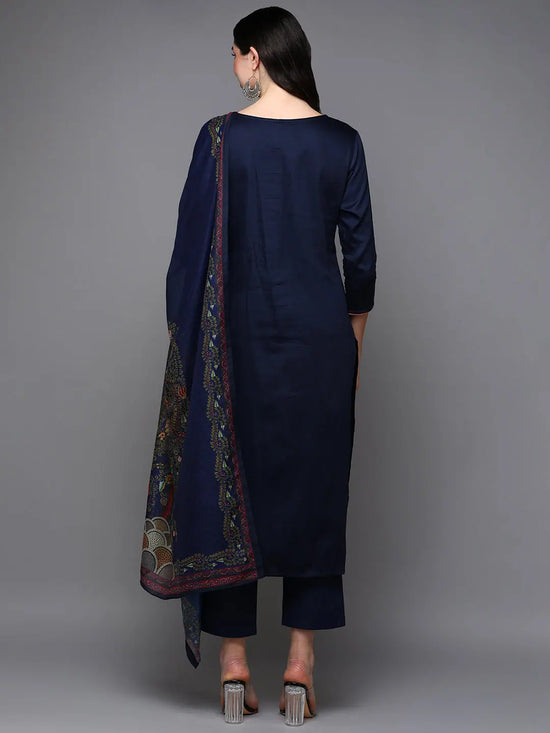 Cotton Navy Blue Embroidered Straight Kurta Pant