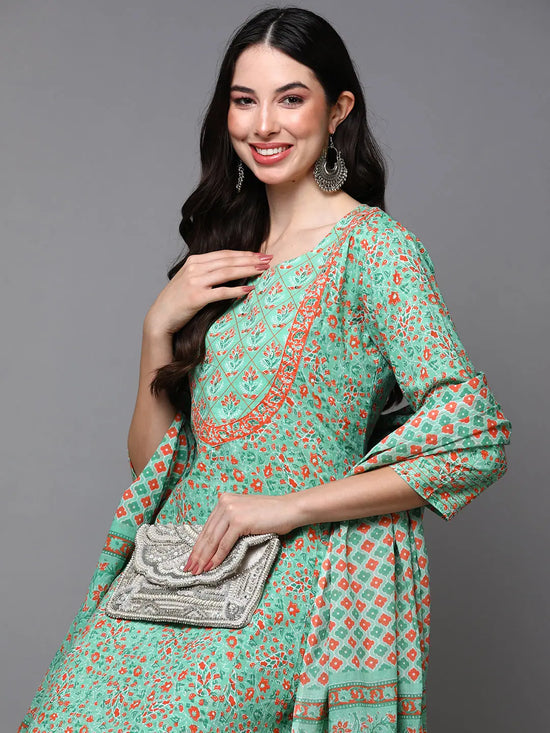 Cotton Green Ethnic Motif Printed Flared Kurta