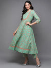 Cotton Green Ethnic Motif Printed Flared Kurta