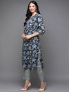 Cotton Navy Blue Floral Printed Straight Kurta