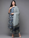 Cotton Navy Blue Floral Printed Straight Kurta