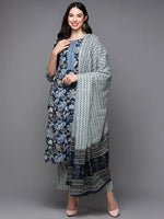 Cotton Navy Blue Floral Printed Straight Kurta