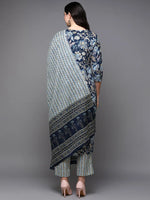 Cotton Navy Blue Floral Printed Straight Kurta