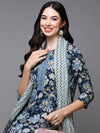 Cotton Navy Blue Floral Printed Straight Kurta