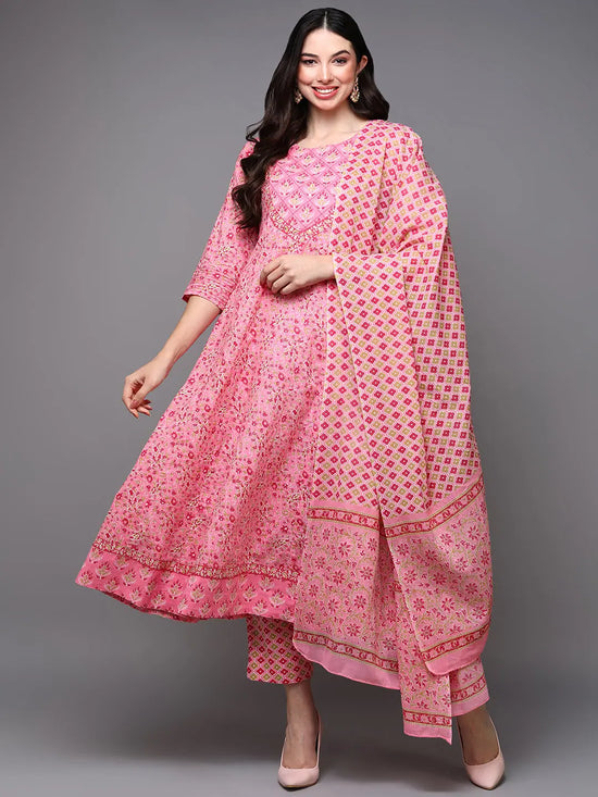 Cotton Pink Ethnic Printed Flared Kurta Pant