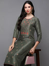 Silk Blend Green Embroidered Straight Kurta With