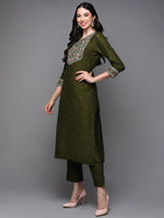 Silk Blend Olive Embroidered Straight Kurta With