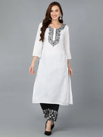 Rayon White Embroidered Work wear Kurta Set