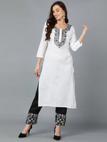 Rayon White Embroidered Work wear Kurta Set