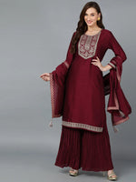 Wine Silk Blend Embroidered Festive wear Suit-VKSKD1753_XS