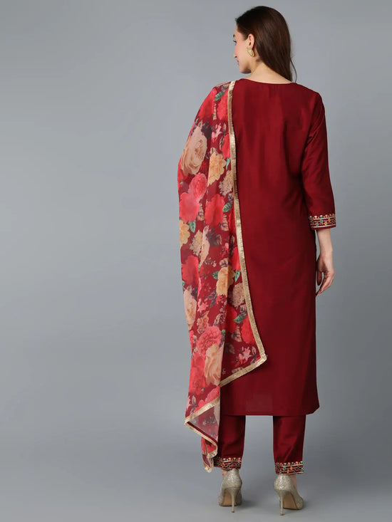 Maroon Silk Blend Embroidered Festive wear Suit-VKSKD1757_XS