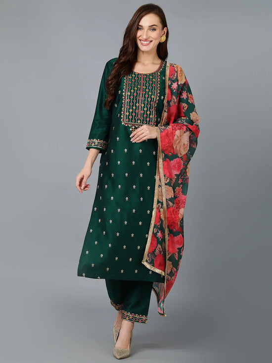 Silk Blend Dark Green Embroidered Festive wear