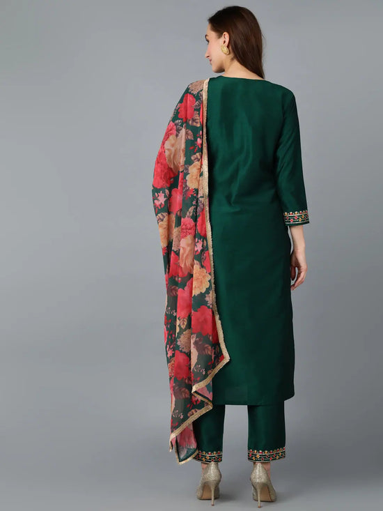 Silk Blend Dark Green Embroidered Festive wear