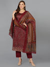 Maroon Cotton Straight Kurta Pant With Dupatta-VKSKD1801A_XS