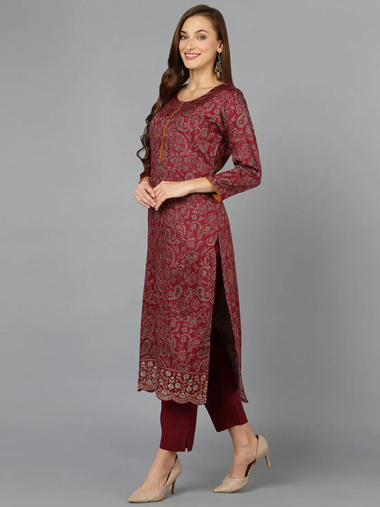 Maroon Cotton Straight Kurta Pant With Dupatta-VKSKD1801A_XS