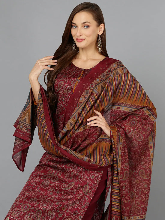 Maroon Cotton Straight Kurta Pant With Dupatta-VKSKD1801A_XS