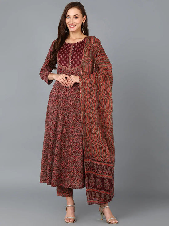 Ahika Women Maroon Cotton Blend Striped Printed