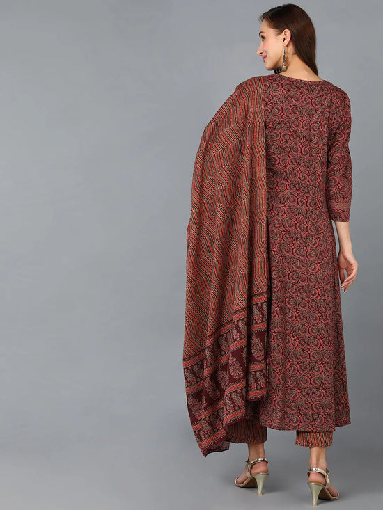 Ahika Women Maroon Cotton Blend Striped Printed