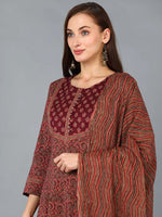 Ahika Women Maroon Cotton Blend Striped Printed