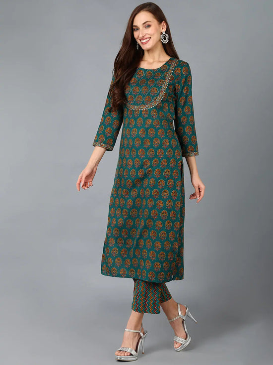 Ahika Women Teal Cotton Blend Floral Printed